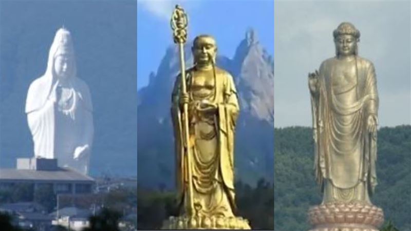 日本仙台大觀音、安徽九華山地藏王銅像，以及河南堯山中原大佛（由左至右），巨大的佛像，引發人們內心最深層的震撼。（圖／翻攝自維基百科）