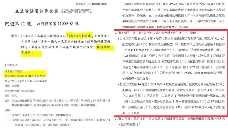 周軒貼出行政院送立法院的公文，並標註覆議原因之一有「公式錯誤」。（圖／翻攝自周軒臉書）