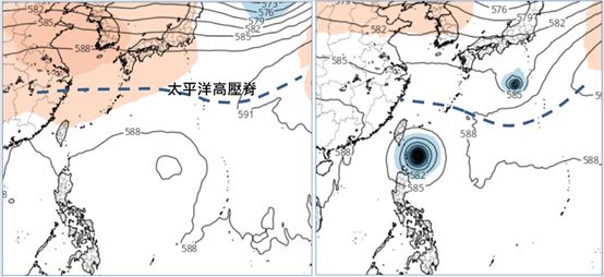 歐洲模式(左)，與美國模式(右)21日20時模擬圖顯示，太平洋高壓強度呈現分歧，熱帶擾動的發展及動向亦完全不同。(圖擷自tropical tidbits)