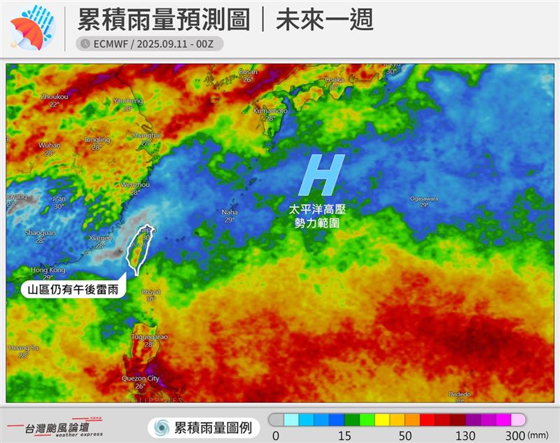 未來一週，台灣將在太平洋高壓範圍內。（圖／翻攝自台灣颱風論壇｜天氣特急）