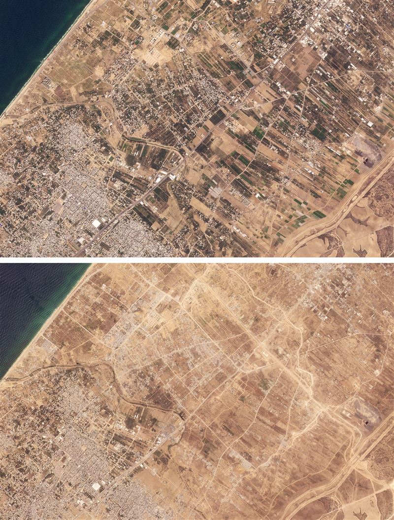 衛星影像顯示，以色列入侵前（2023年10月6日，上圖），當時可見農田，但以色列入侵後（2024年8月20日，下圖）同一地區的農田已不復存在。（圖／路透社／達志影像）