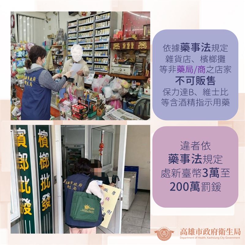 雜貨店或檳榔攤等違法販賣保力達B、維士比，可能被重罰。（圖／高雄市衛生局）