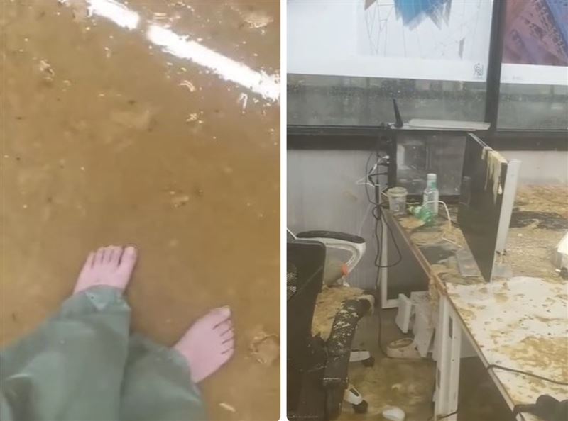 教室上課時汙水管突然爆裂，導致下方一名女學生被屎尿淋滿全身，整間教室頓時污水四溢。（圖／翻攝自微博）
