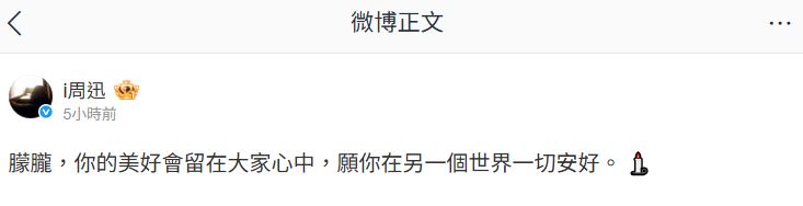 周迅悲痛悼念于朦朧。（圖／翻攝自周迅微博）