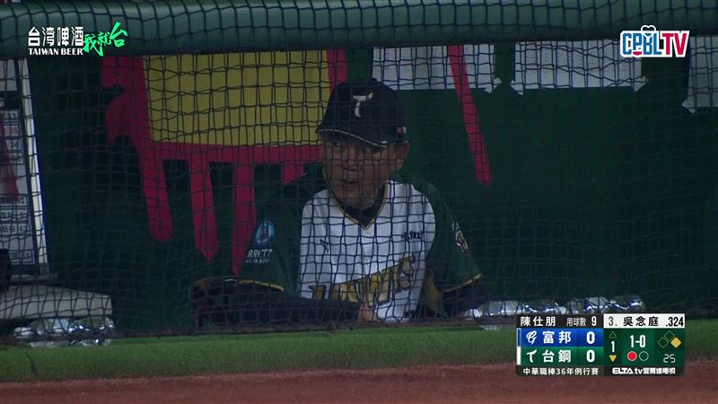 台鋼雄鷹澄清湖球場出現鐵釘比賽暫停，台鋼雄鷹總教練洪一中表情疑惑。（圖／翻攝自CPBLTV）