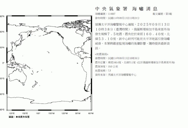 氣象署觀測到俄羅斯發生規模7.5地震，發布海嘯消息。（圖／翻攝自氣象署地震測報中心）