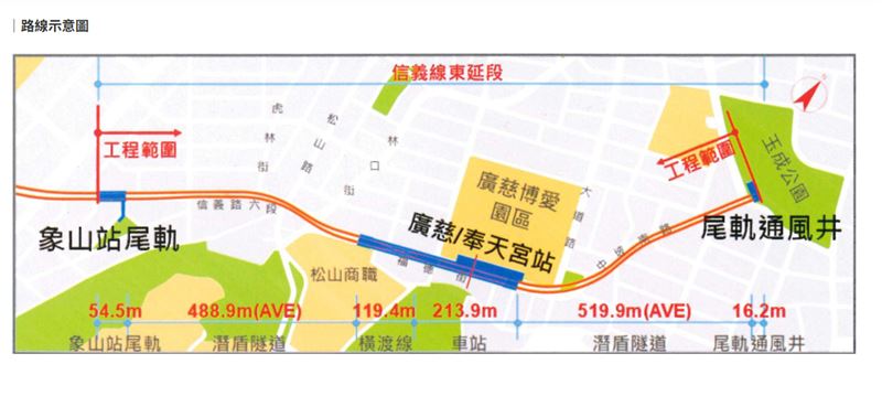 台北捷運信義線東延段自象山站（R02）尾軌東端向東延伸至福德街的廣慈／奉天站（R01）。（圖／取自台北市政府捷運工程局）