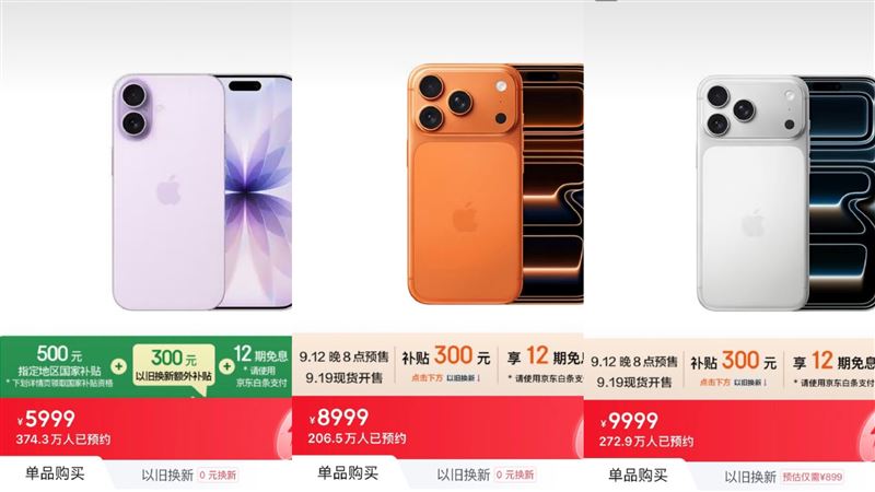 iPhone 17全系列,光是「京東」一個平台預約量就超過800萬支。(圖/翻攝自微博)