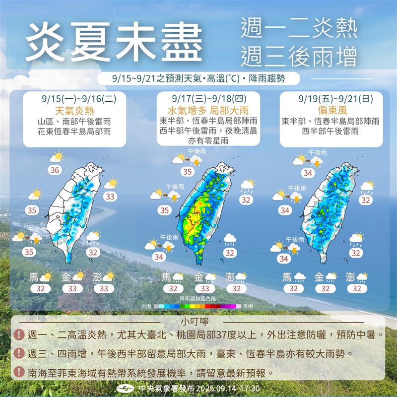 下週三水氣到來，大半個台灣都易有雨，西半部得慎防短延時大雨。（圖／翻攝自報天氣-中央氣象署臉書）