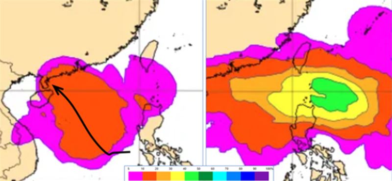 最新(14日20)洲(ECMWF)系集模式，19日20模示，「」展成「」的率，最高20%，大致朝海南方向前(左)。24日20模示，另一「」即入巴士海，展成「」的率高50% (右)。（／翻自天教室）