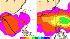 最新(14日20時)歐洲(ECMWF)系集模式，19日20時模擬圖顯示，「熱帶擾動」發展成「輕颱」的機率，最高僅20%，大致朝海南島方向前進(左圖)。24日20時模擬圖則顯示，另一「熱帶擾動」即將進入巴士海峽，發展成「輕颱」的機率高達50% (右圖)。（圖／翻攝自洩天機教室）