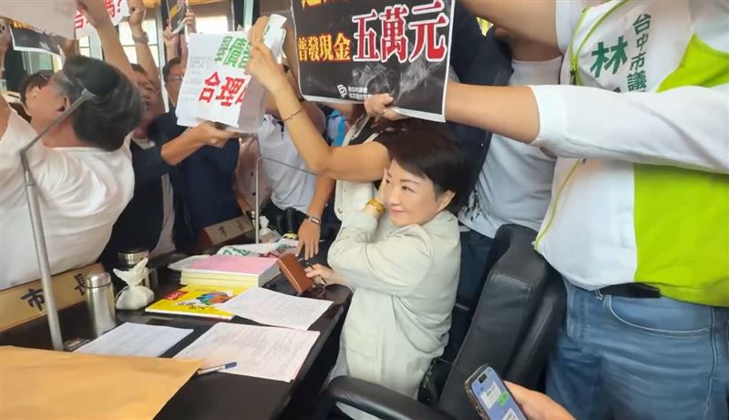 盧秀燕一度被推擠到頭髮亂掉，仍保持微笑，老神在在。(圖／翻攝畫面)