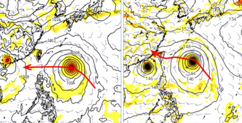 最新(15日20時)歐洲(ECMWF)模式，21日20時模擬圖的位置在台灣東方海面，朝巴士海峽前進(左圖)；最新(15日20時)美國(GFS)模式，21日20時模擬圖的位置亦在台灣東方海面，但朝台灣前進(右圖)；兩者有顯著差異。（圖／翻攝自洩天機教室）