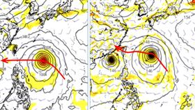 最新(15日20時)歐洲(ECMWF)模式，21日20時模擬圖的位置在台灣東方海面，朝巴士海峽前進(左圖)；最新(15日20時)美國(GFS)模式，21日20時模擬圖的位置亦在台灣東方海面，但朝台灣前進(右圖)；兩者有顯著差異。（圖／翻攝自洩天機教室） 