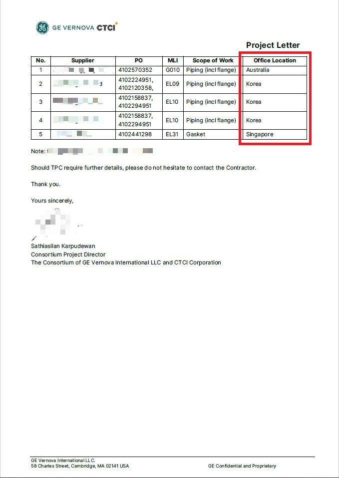 台電公開奇異公司所提供的文件，證實興達電廠新建燃氣機組法蘭係來自澳洲、韓國以及新加坡，並非週刊爆料所指的中國淘寶貨。（圖／台電提供）