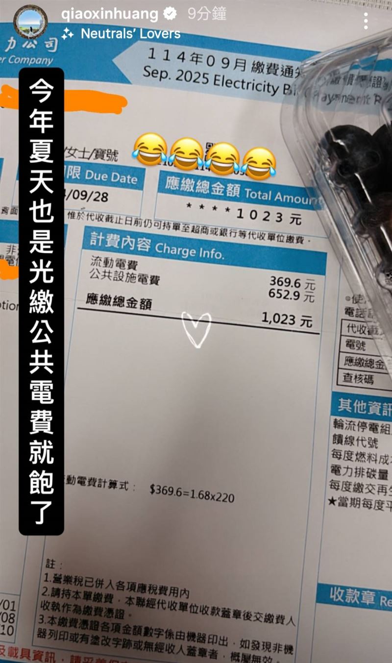瑤瑤曝光電費帳單。（圖／翻攝自瑤瑤IG）