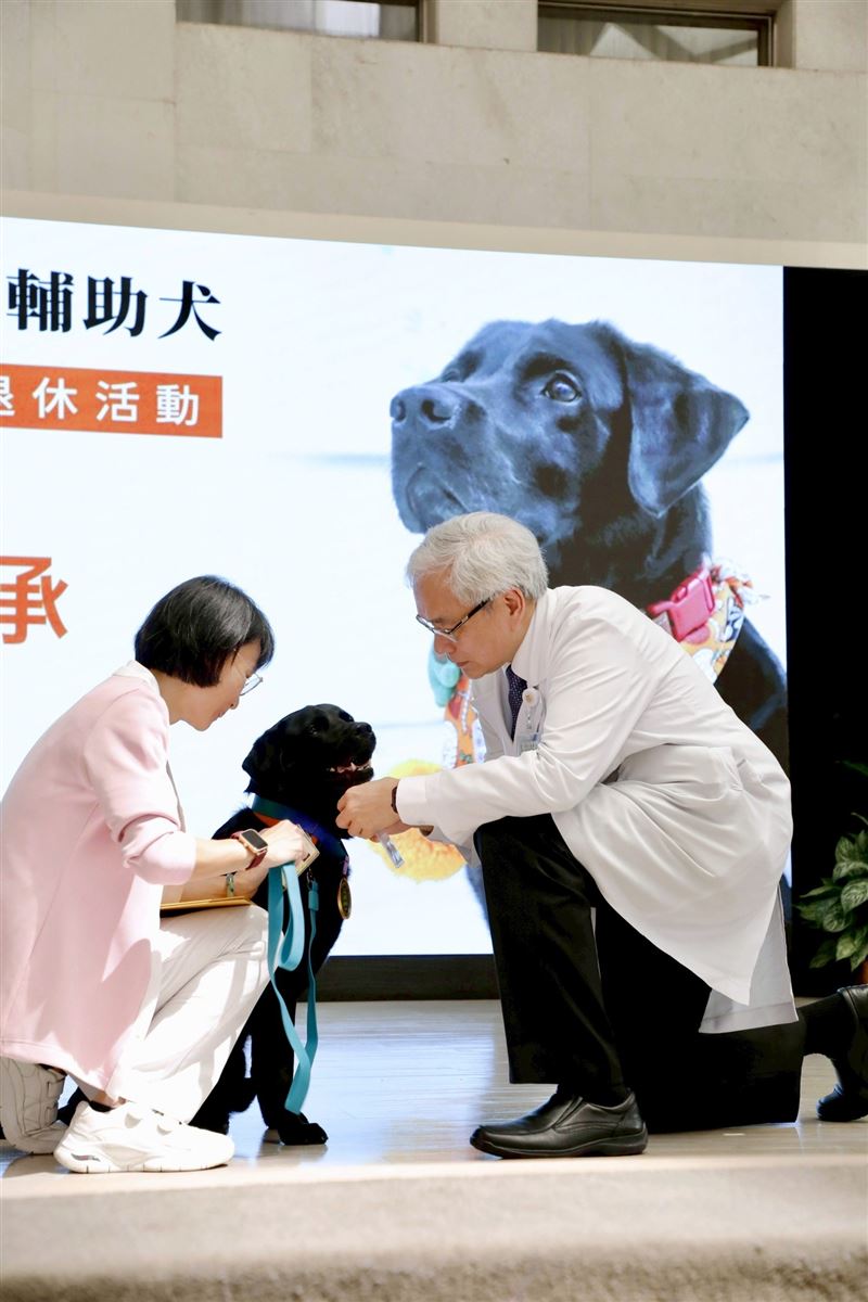 全台第一隻醫療犬「歐爸」今退休,北榮院長陳威明(右)牽著歐巴。(圖/翻攝自北榮粉專)