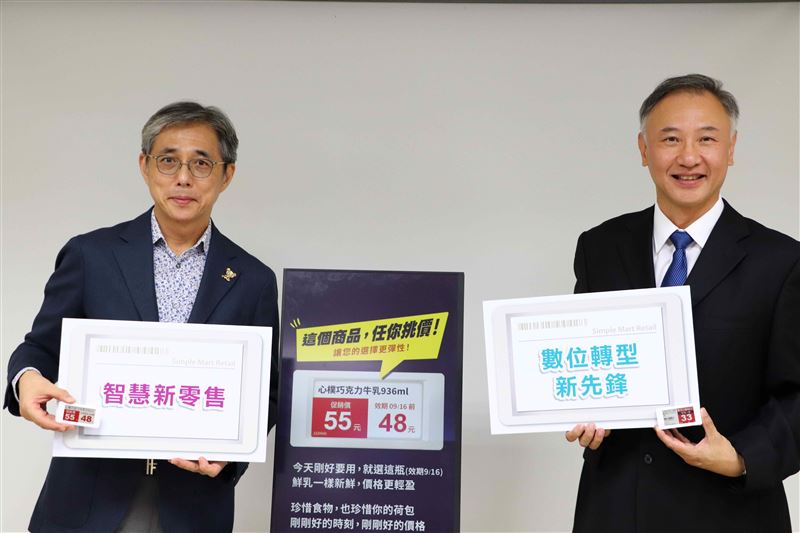 三商家購董事總經理邱光隆（左）、雲創通訊董事長魏駿愷（右）攜手完成全台800多間美廉社門市的電子價卡全面導入。（圖／品牌業者提供）