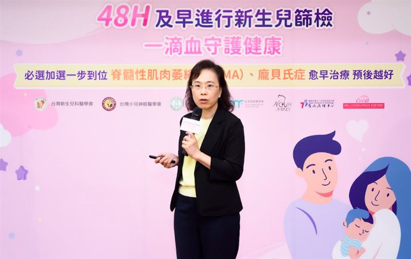 簡穎秀醫師指出，SMA、龐貝氏症等致死率極高的遺傳疾病，新生兒篩檢率已降至不到七成五。（圖／記者簡浩正攝影）