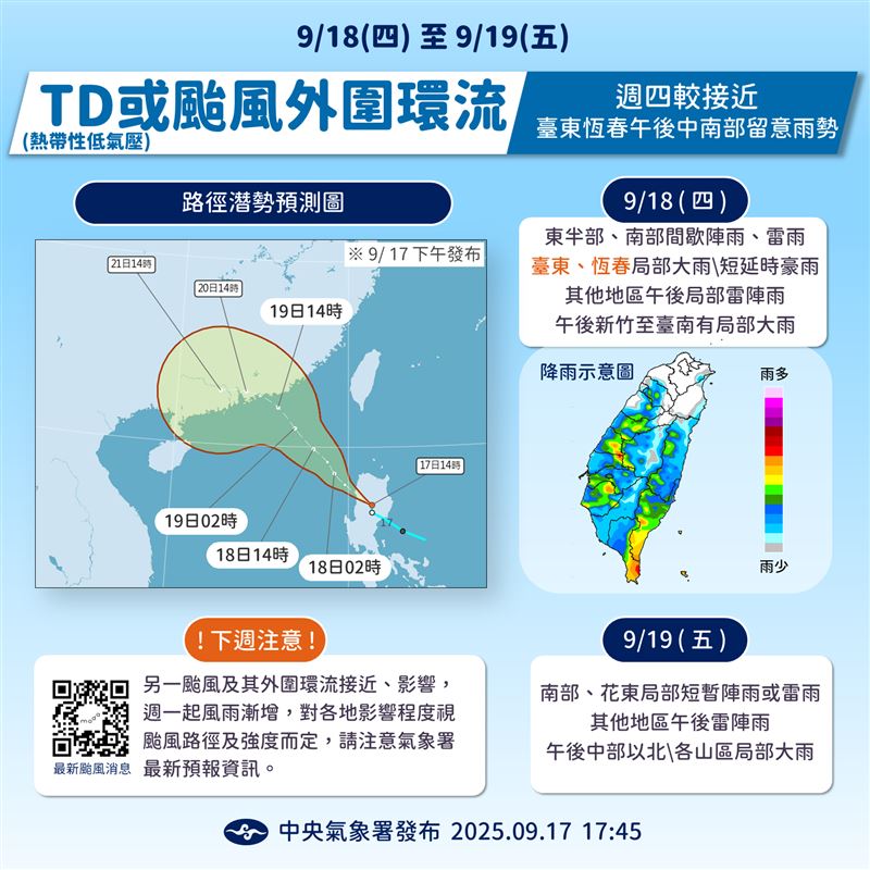 明天至週六台灣受到TD20外圍環流影響，東南部、恆春半島留意將有大雨或豪雨機率。（圖／氣象署）