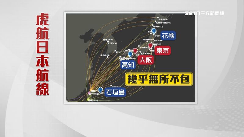 虎航直飛日本航點就有多達23個