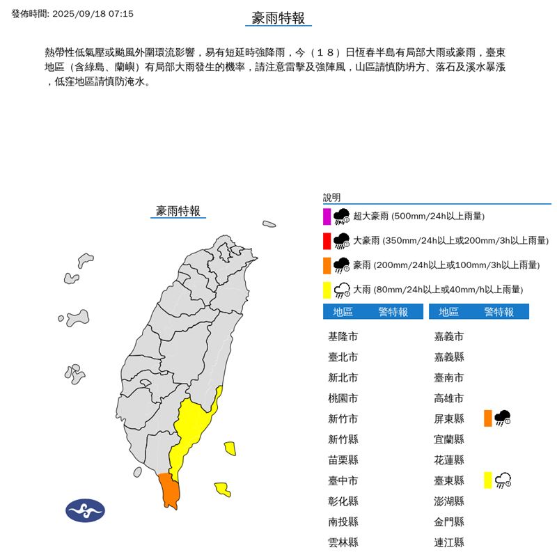 中央氣象署07時15分發布豪雨特報。（圖／中央氣象署）