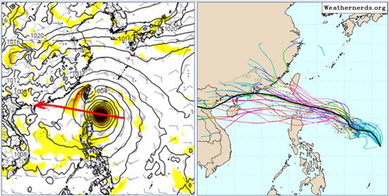 最新歐洲模式下週一20時模擬圖則顯示，樺加沙即將進入巴士海峽，繼續偏西進行（左）。（圖／洩天機教室）