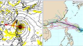 最新歐洲模式下週一20時模擬圖則顯示，樺加沙即將進入巴士海峽，繼續偏西進行(左)。（圖／洩天機教室）