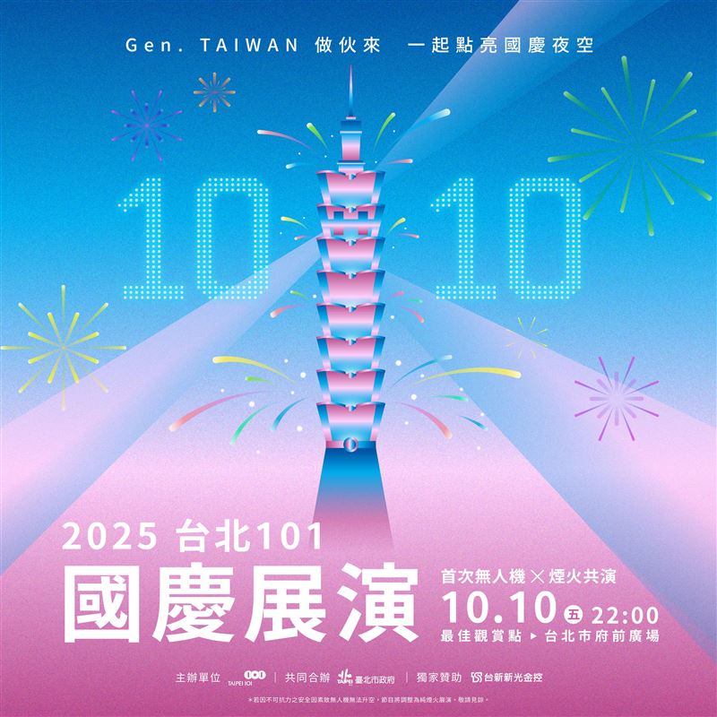 台北101國慶煙火將於10月10日晚間10點登場，搭配500台無人機展演。(圖／台北101提供)