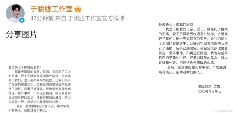 于朦朧的母親16日發布聲明，指出兒子是「醉後不慎墜樓」，並懇求外界不要過度揣測。（圖／翻攝自于朦朧 AlanYu台灣首站FB）