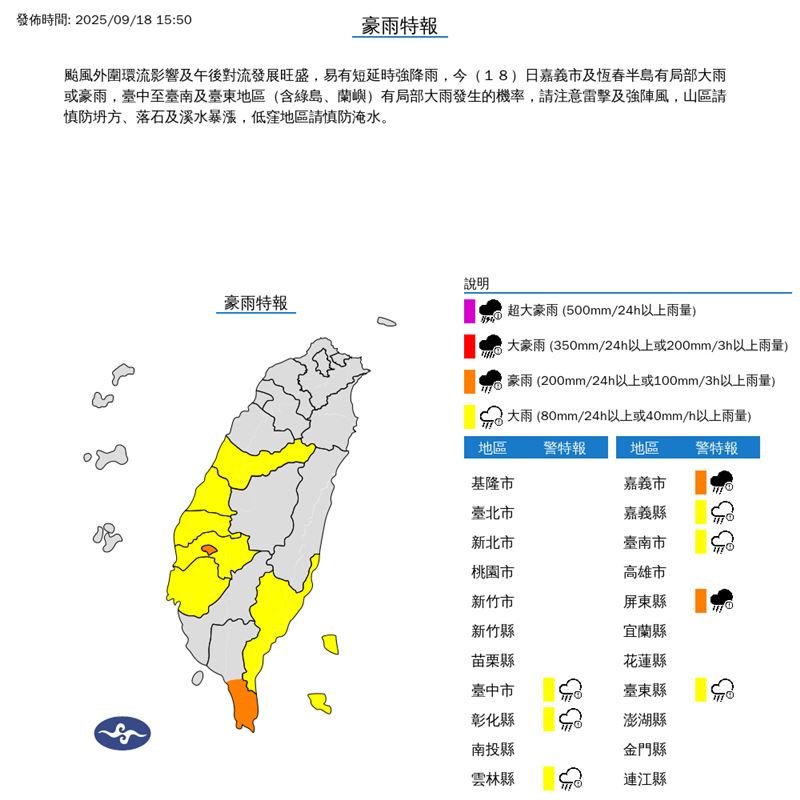 氣象署持續在今（18）天15:50發布豪雨特報。（圖／翻攝自氣象署）