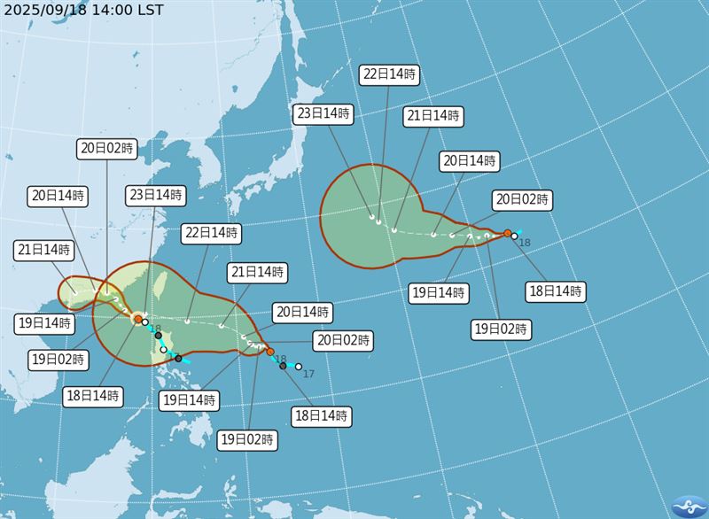 米塔颱風今日生成，後面還有2顆颱風準備接力。（圖／氣象署）