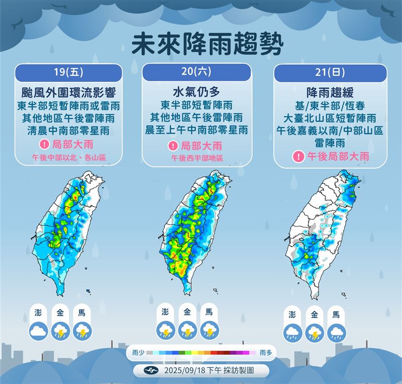 週五週六水氣仍多，週日稍微趨緩。（圖／氣象署）