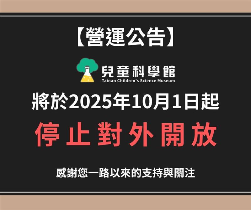 台南市兒童科學館宣布10月1日起停止對外開放。(圖／翻攝自台南市兒童科學館粉專)