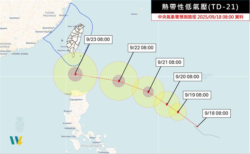 TD21路徑若越往北靠近台灣，影響程度就會越大。（圖／翻攝自吳聖宇臉書）