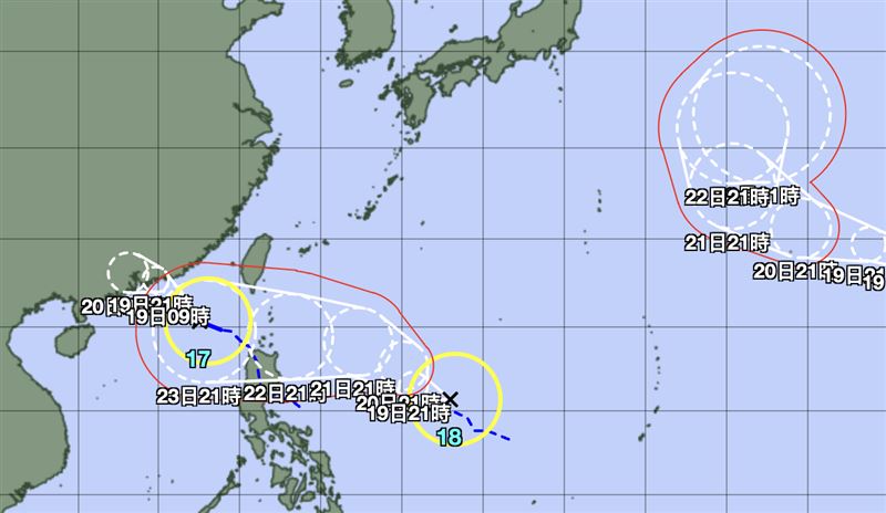 目前海面上三颱共舞。（圖／翻攝自日本氣象廳）