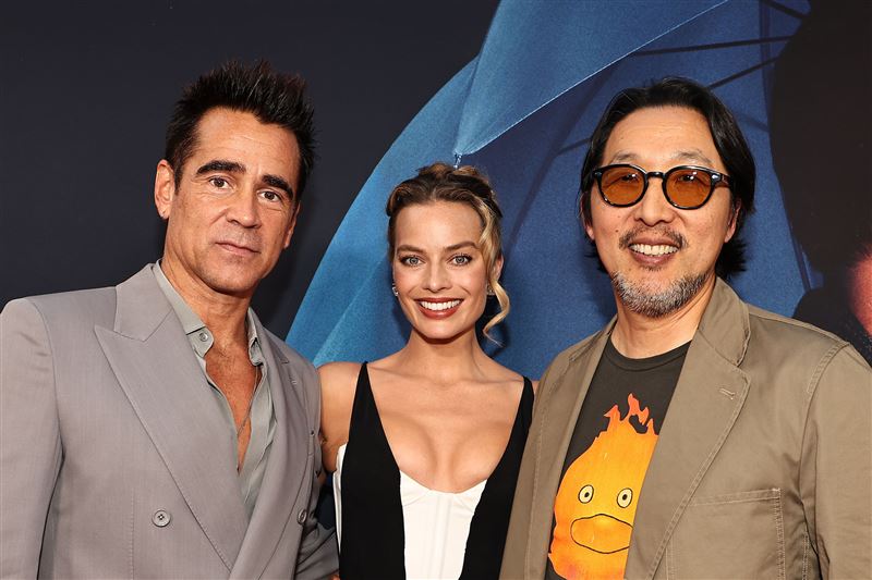 瑪格羅比、柯林法洛與導演名田高梧出席紐約首映會。（圖／索尼影業提供）