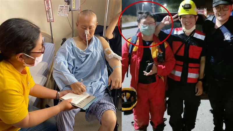 辛國勝罹病後又遇中風，與日前出勤救災任務時簡直判若兩人。（圖／記者洪正達攝影、楠梓義消分隊提供）