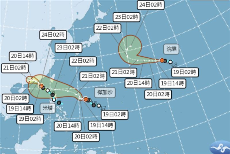 三颱接力，氣象署預估未來路徑走勢。（圖／中央氣象署）