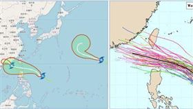 最新歐洲系集模式模擬顯示，樺加沙的模擬平均路徑，通過巴士海峽，個別模擬路徑則分散在兩側（右）。（圖／洩天機教室）