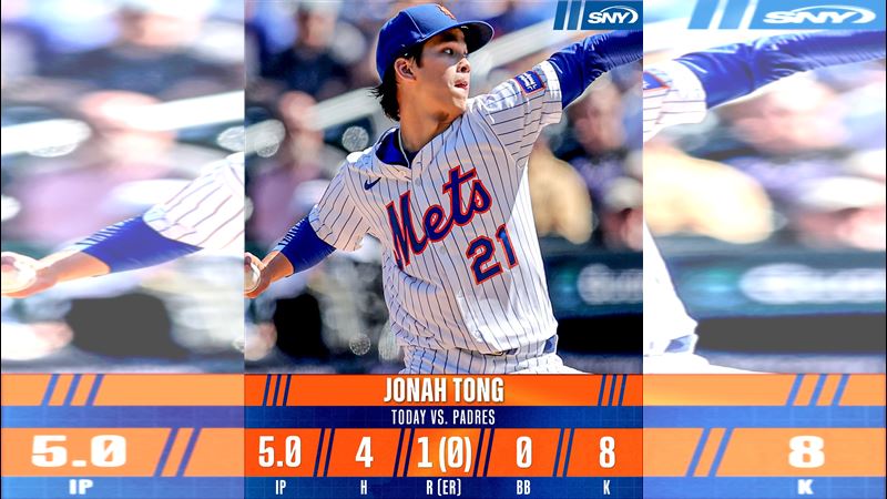 大都會港裔投手董天賜（Jonah Tong）先發5局0責失。（圖／翻攝自SNY Mets推特）