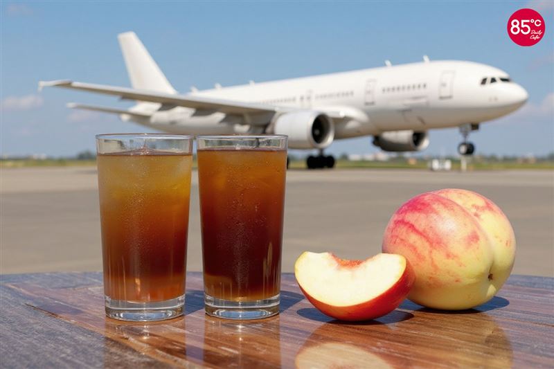 85&deg;C會員任買2杯蜜桃冰美式或蜜桃氣泡美式，可抽首爾雙人來回機票。(圖／85&deg;C提供）