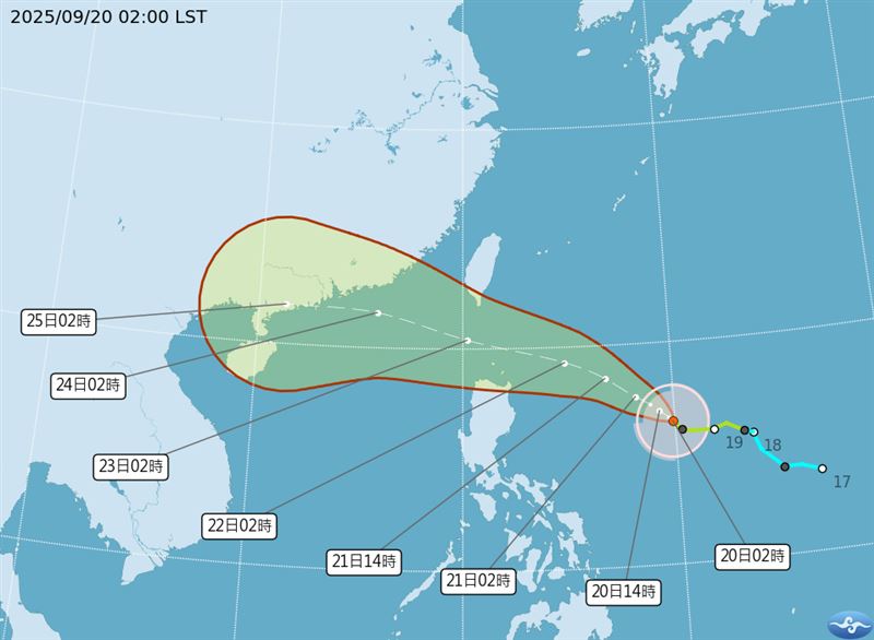 樺加沙颱風估週日海警，下週一、二暴風圈觸陸。（圖／翻攝中央氣象署）