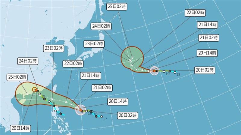 樺加沙與浣熊颱風預估路徑。（圖／中央氣象署）