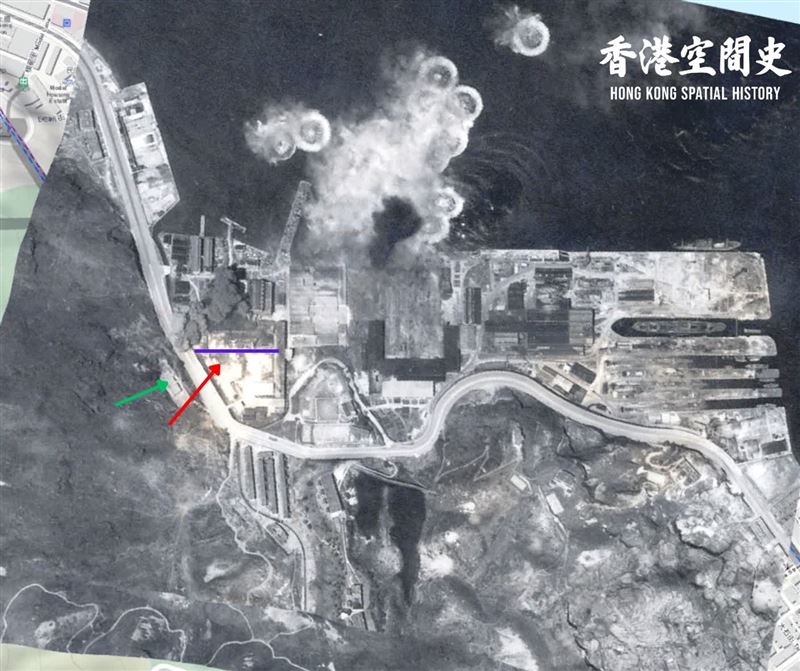專家估計炸彈（紅箭頭）是美國陸軍航空隊第380大隊在1945年4月2日下午2時許投下。(圖／翻攝香港浸會大學歷史系香港空間史研究計劃臉書)
