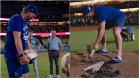 柯蕭（Clayton Kershaw）引退前例行賽主場最終戰，賽後挖走投手板。（圖／翻攝自X平台 @Dodgers）