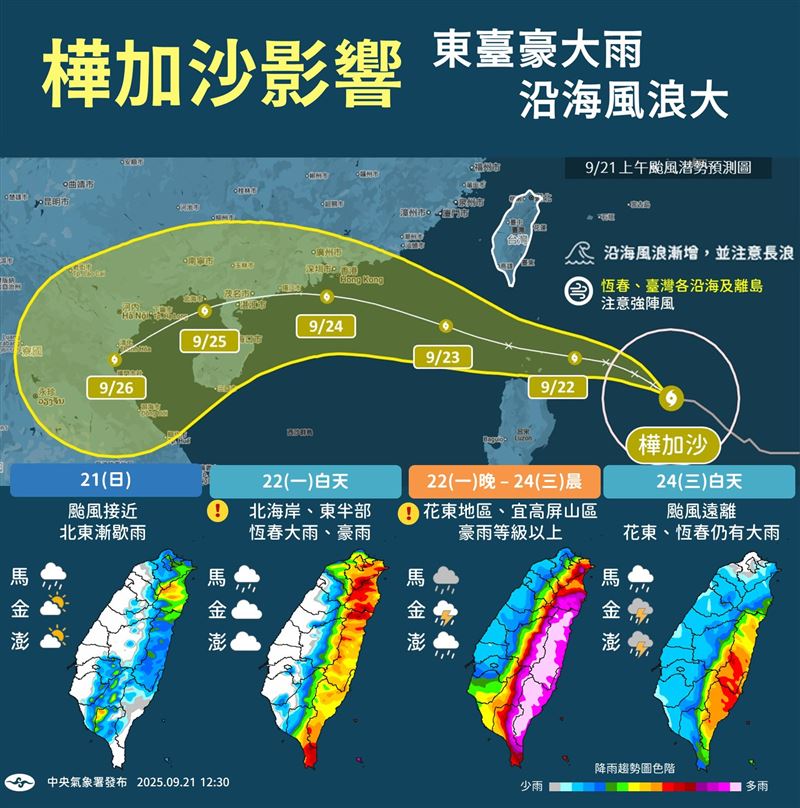 「報天氣 - 中央氣象署」貼出一張圖寫下【樺加沙颱風擾臺 &rarr; 風雨影響看這邊】。（圖／翻攝自報天氣）