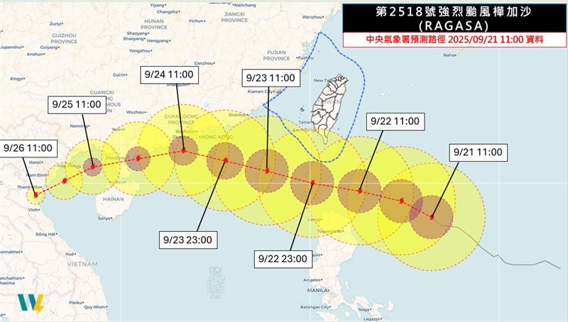 樺加沙颱風上午11點增強為強烈颱風，穩定走在預定的道路上。（圖／翻攝自吳聖宇臉書）