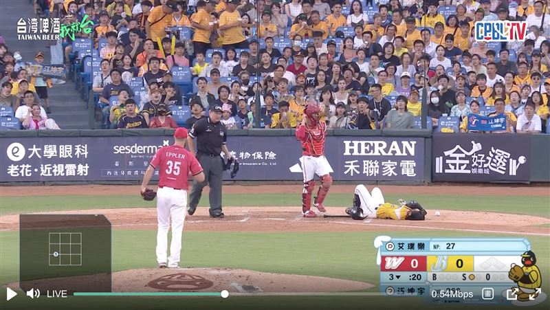 中信兄弟3局下江坤宇被觸身球砸。（圖／翻攝自CPBLTV）