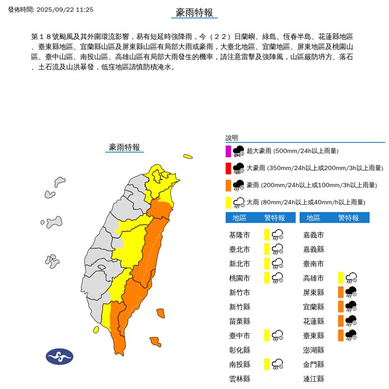 11縣市豪、大雨特報。(圖/氣象署)